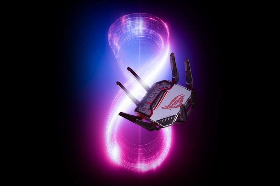 An ASUS ROG gaming router, antennas raised, in front of a glowing figure eight of light