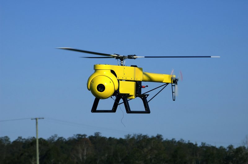 A yellow helicopter drone hovering over gum trees