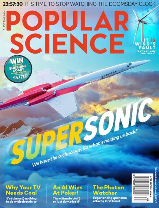 Cover of Australian Popular Science #101, April 2017: SUPERSONIC, a red and white supersonic jet over the clouds